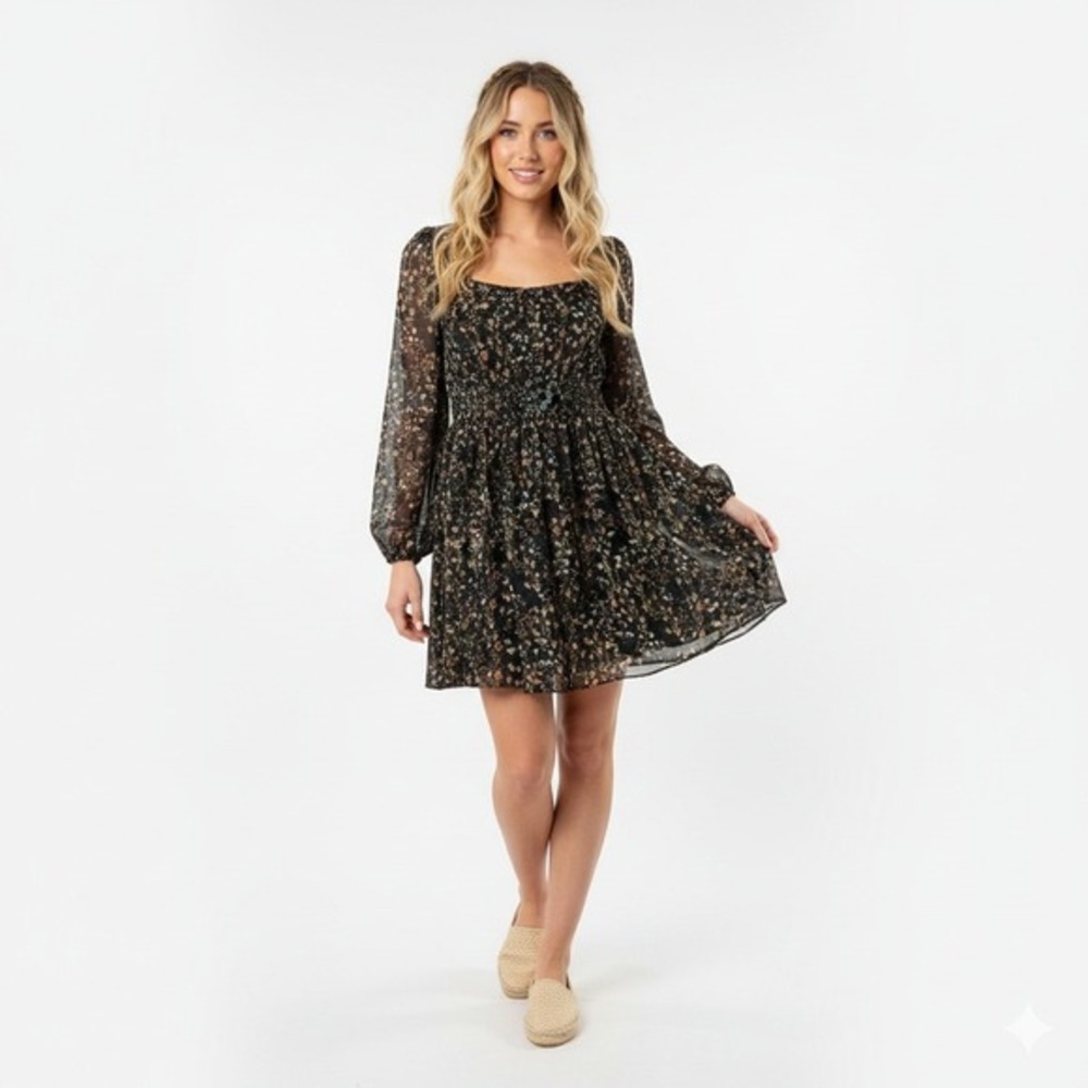 Amaryllis Black Floral‎ Print Scoop Neck Smocked Long Sleeve Mini Dress Size M